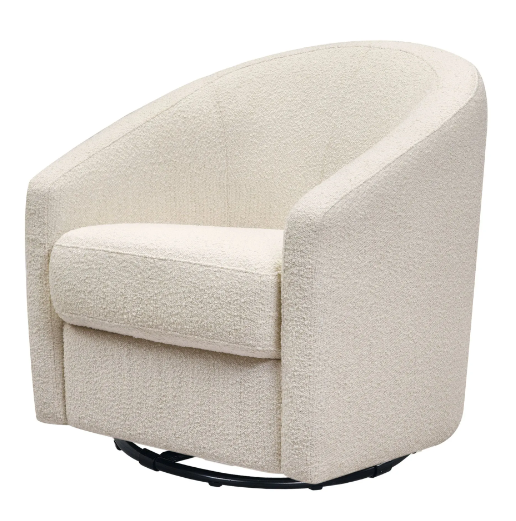 Cream-colored, swivel armchair with a textured, looped fabric. Black base.
