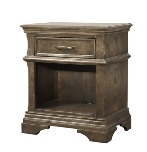 Wooden nightstand with drawer and open shelf, stained gray-brown.