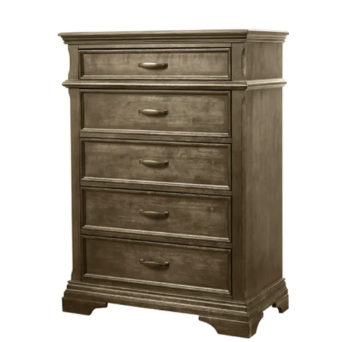 Wooden chest of drawers with five drawers and a top molding, in a neutral brown color.