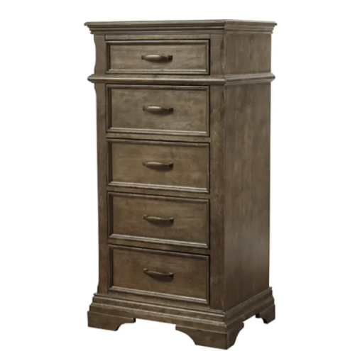 Wooden, five-drawer chest of drawers with decorative molding and dark brown finish.