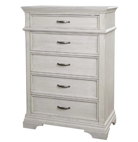 White distressed five-drawer chest with dark metal handles, indoors.