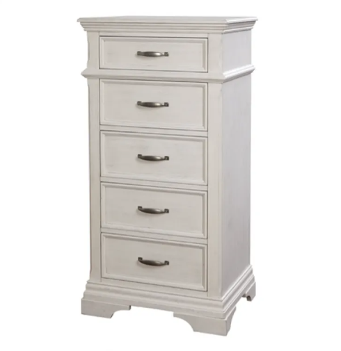 White wooden chest with five drawers, dark handles, and a decorative top and base.