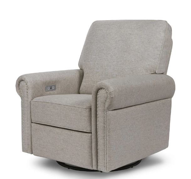 Beige upholstered swivel recliner with rolled arms.