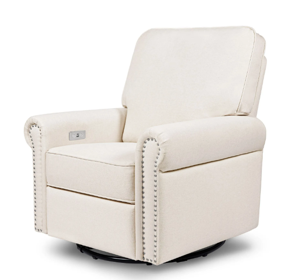 Cream-colored recliner chair with nailhead trim and a built-in USB port.