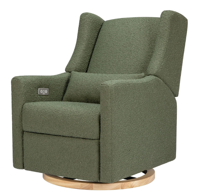 Green textured recliner chair with wooden base.