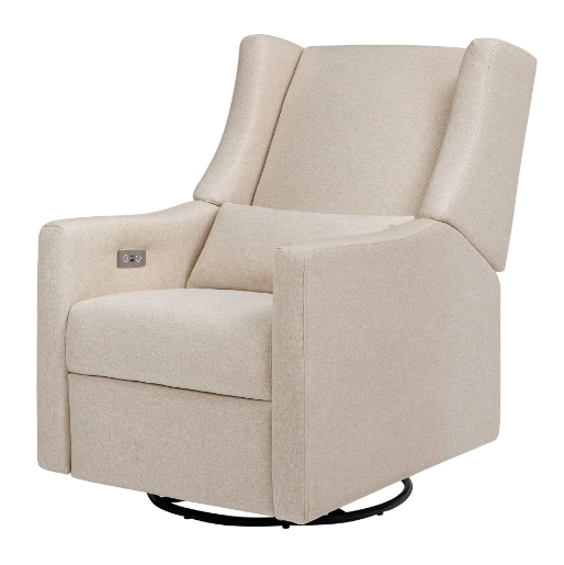 Cream-colored recliner chair with a swivel base. It has an extended back, armrests, and a small pillow.