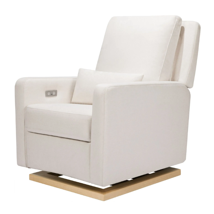 Off-white reclining glider chair with a small lumbar pillow and wooden base.