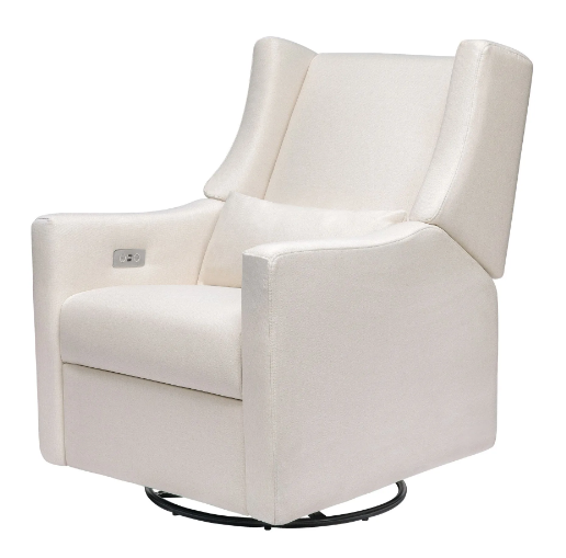White upholstered glider recliner with a headrest, armrests, and a lumbar pillow.