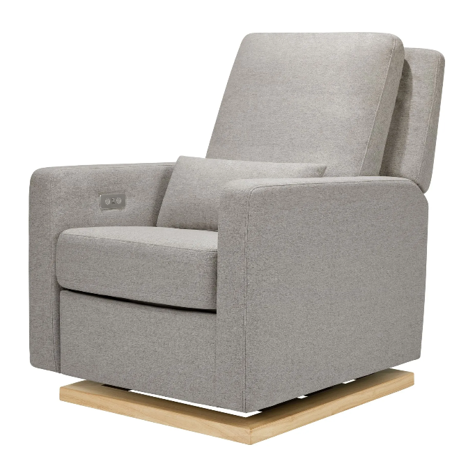 Gray upholstered recliner chair on a wooden base, reclined with a small pillow.