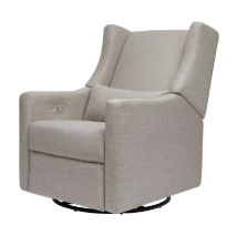 Light gray upholstered swivel recliner chair with a lumbar pillow.