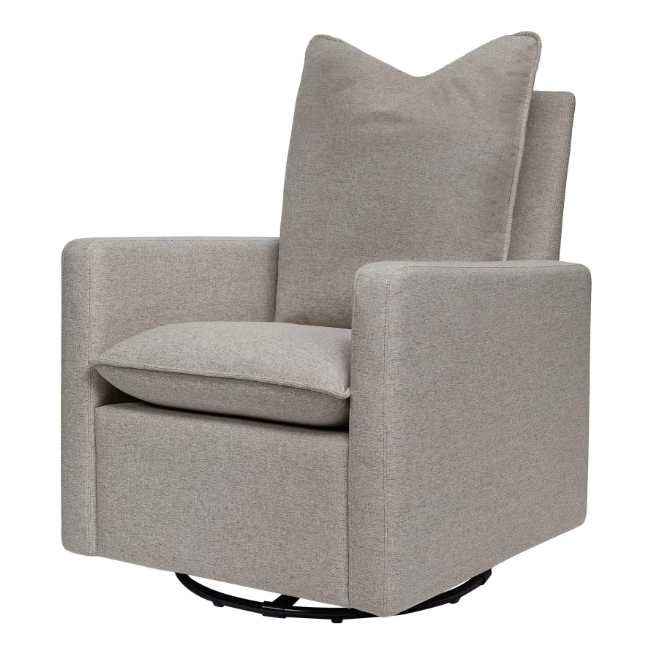 Beige swivel armchair with a square back and a pillow.