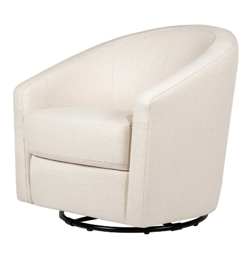 Cream-colored swivel chair with a rounded back, on a black metal base.