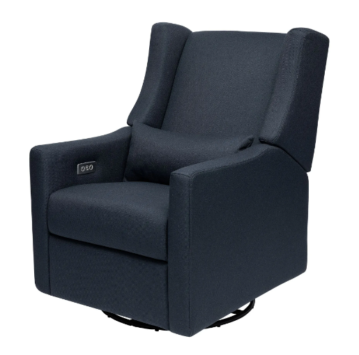 Navy blue upholstered recliner with a headrest and small pillow.