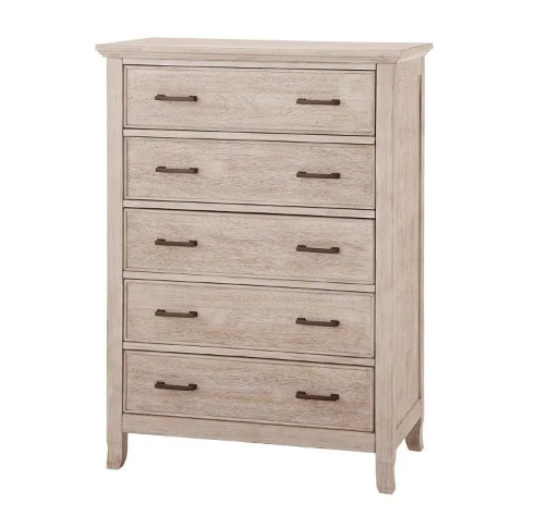 Five-drawer wooden chest of drawers, light gray finish, bronze handles.