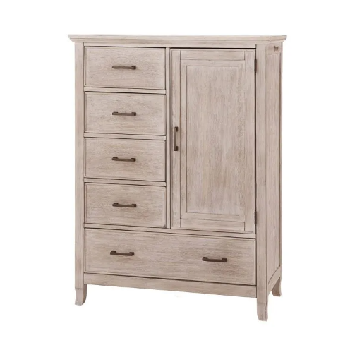 Tall, light wood chest of drawers with five drawers and a door on the right side.
