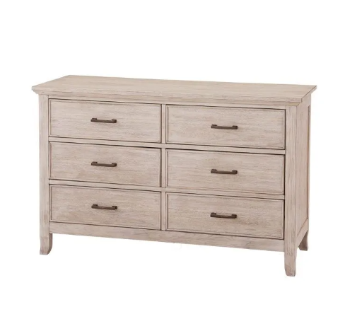 Six-drawer dresser with light wood finish and dark handles.
