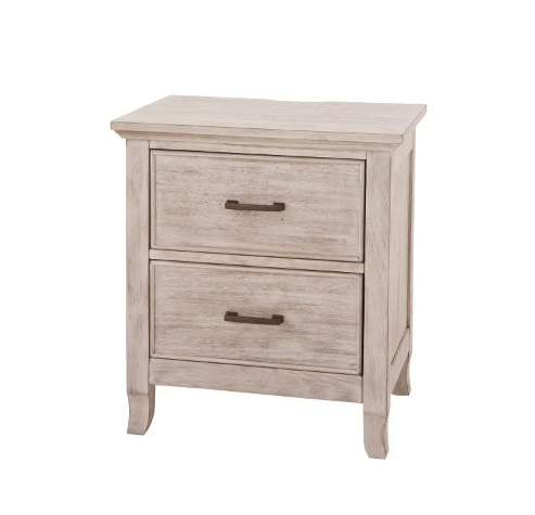 Wooden two-drawer nightstand, distressed white finish, dark hardware.