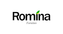 Romina Furniture logo: black text with a green leaf accent, 