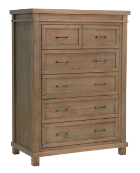 Tall wooden dresser with six drawers and dark metal pulls.