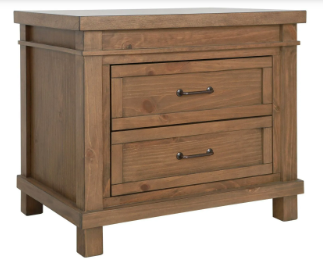 Wooden nightstand with two drawers and dark metal handles.