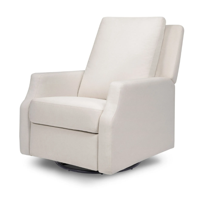 Cream-colored recliner chair with a swivel base, slightly reclined and ready to sit in.