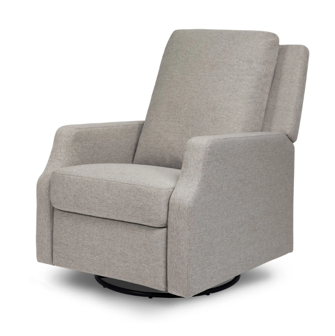 Light gray upholstered recliner chair on a black swivel base.