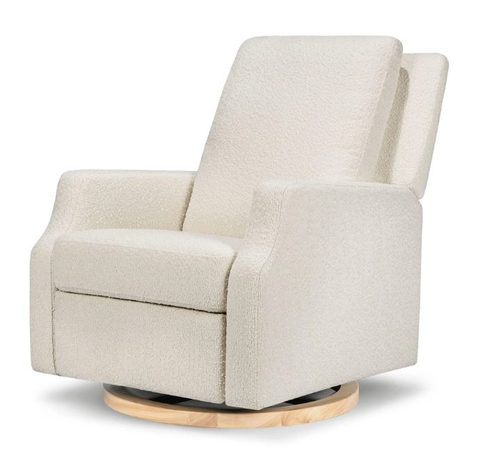 Cream-colored sherpa swivel recliner chair on a wooden base, back partially reclined.