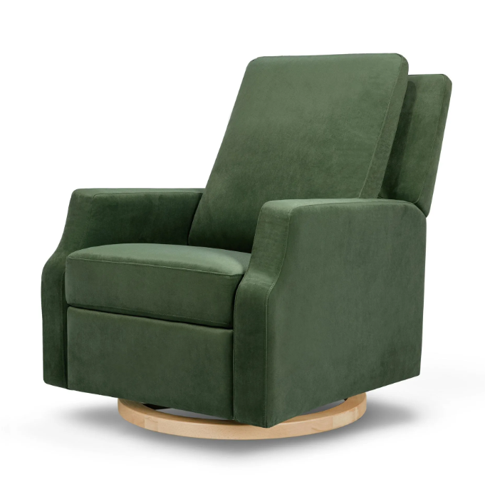 Green upholstered swivel recliner chair on a light wooden base.