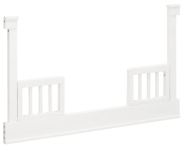 White toddler bed conversion kit with two guardrails.