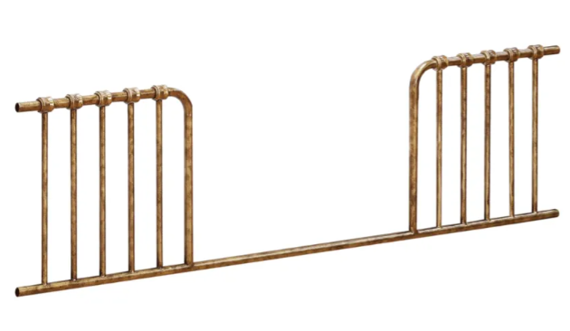 Gold-colored metal bed rails with vertical bars, connected by horizontal bars, on a white background.