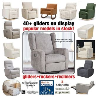 Assortment of gliders, rockers, and recliners on display, with 