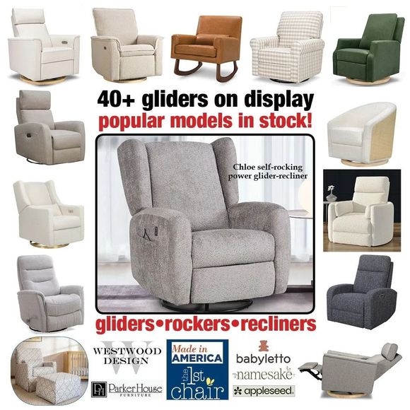 Assortment of gliders, rockers, and recliners on display, with 