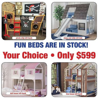 Ad for children's fun beds. Four different themed beds displayed. 