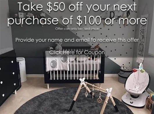 Promotional graphic with text offering $50 off a $100 purchase. Scene of a baby nursery with crib, swing, and toys.