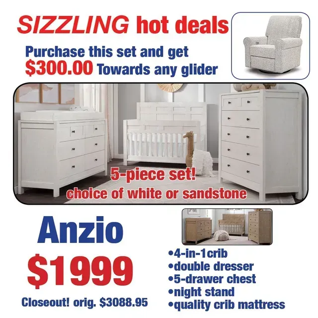 Furniture sale ad for Anzio bedroom set, $1999, with $300 gift toward any glider