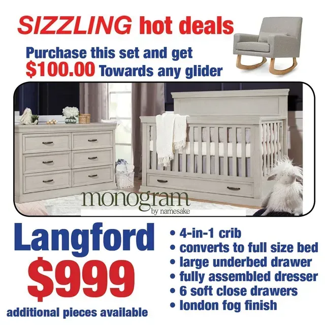Furniture ad for Langford crib and dresser, $999, with $100 glider promotion