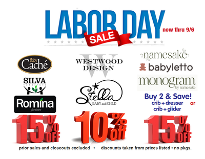 Labor Day sale flyer with brand logos and bold red discount percentages