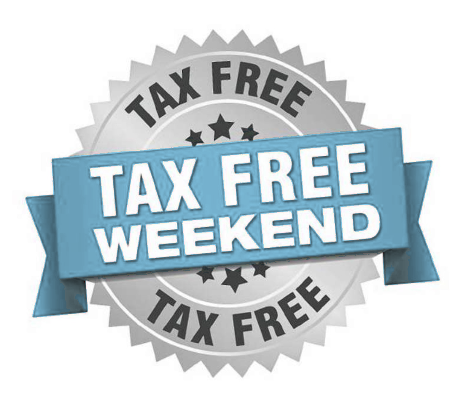 Blue and gray badge reading TAX FREE WEEKEND with TAX FREE around the edge
