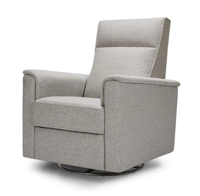Gray upholstered swivel recliner chair.