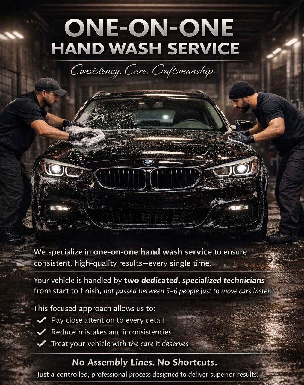 Two workers hand washing a black car, text: