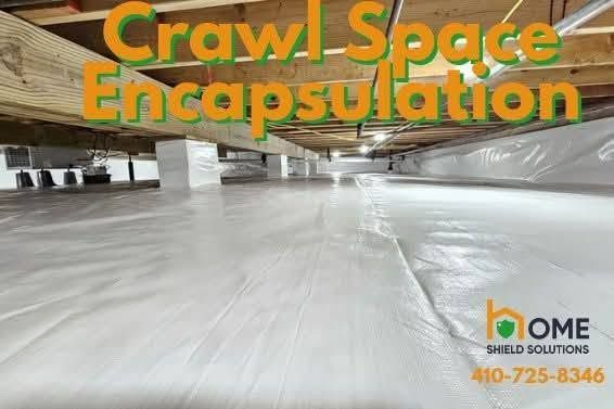 Crawl space encapsulation with white vapor barrier and orange “Crawl Space Encapsulation” text