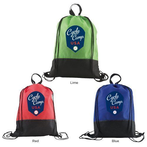 Three drawstring bags with the words cycle camp usa on them