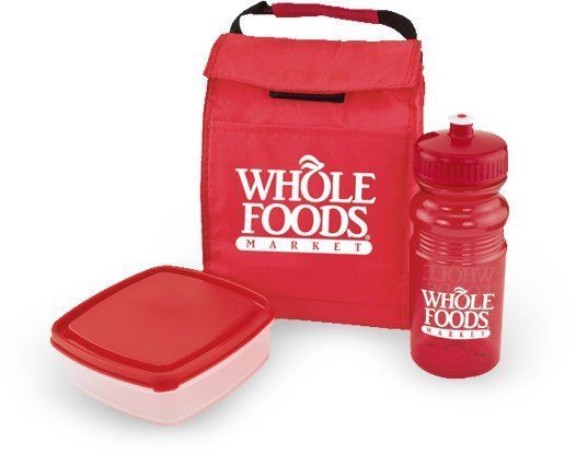 A red whole foods lunch bag and water bottle