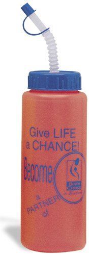 An orange water bottle with a blue lid and straw that says `` give life a chance ! ''