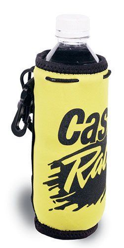 A yellow and black bottle holder with a bottle in it.