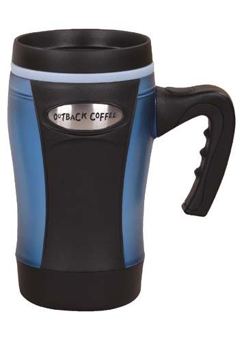 A blue and black coffee mug with a handle on a white background.