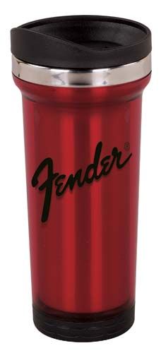 A red fender travel mug with a black lid on a white background.