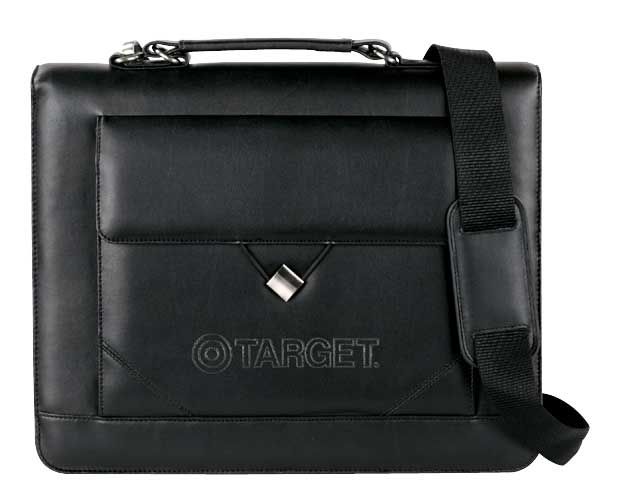 A black target briefcase with a black strap