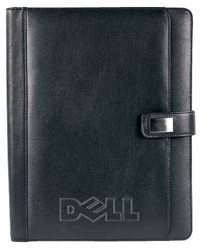 A black leather binder with the dell logo on it