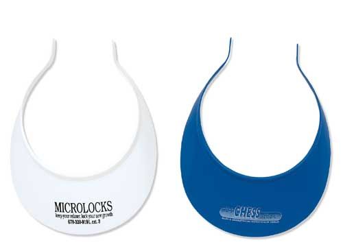 A white and blue visor that says microclocks on it